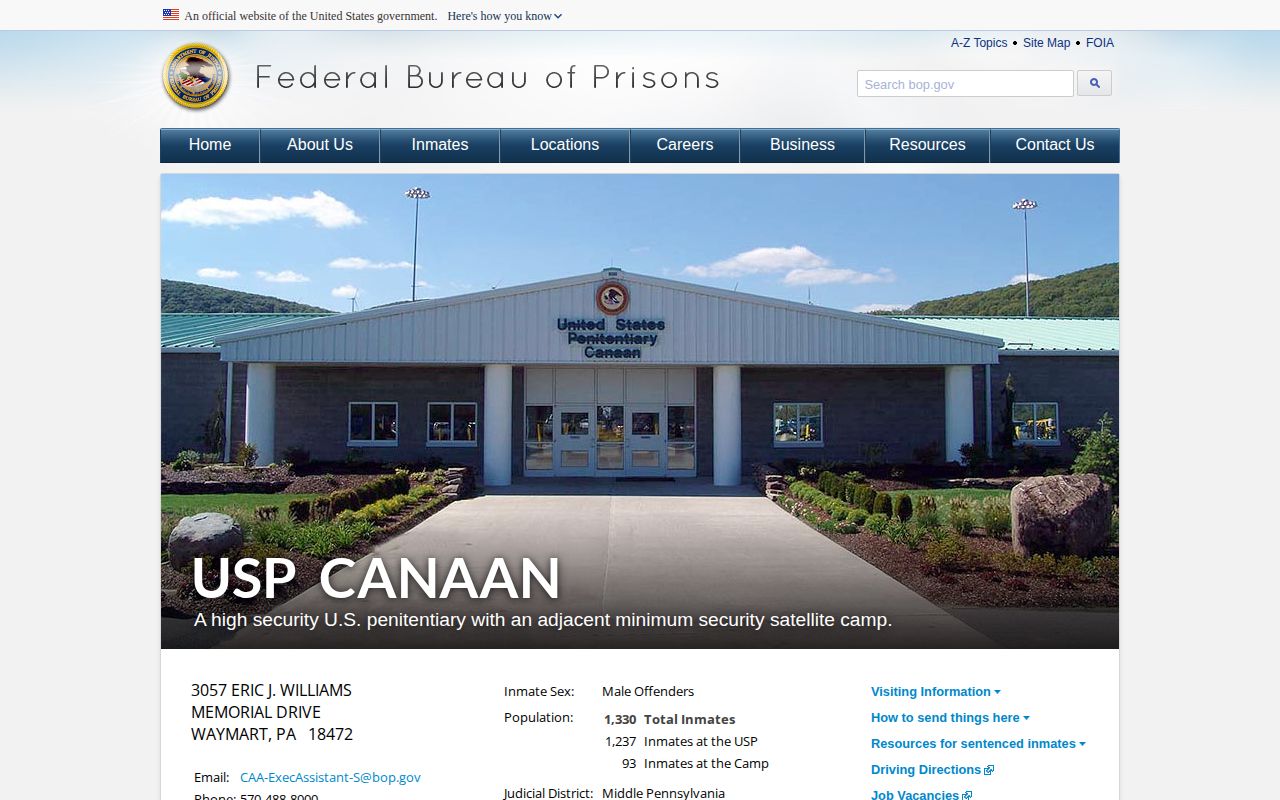 United States Penitentiary Canaan federal release contact page